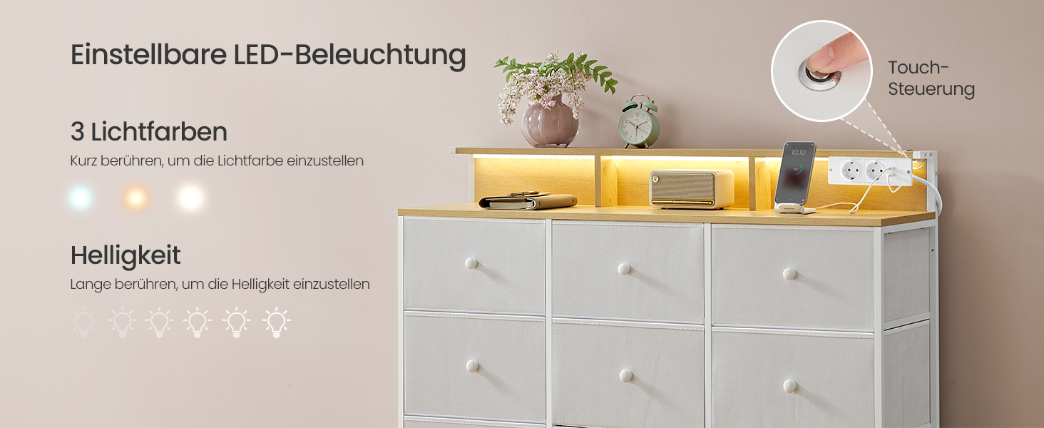 SONGMICS Комод з 9 висувними ящиками та LED-підсвічуванням, з розеткою, сталевий каркас, 33,5 x 114 x 84 см, для спальні/вітальні, білий, LTS519W02