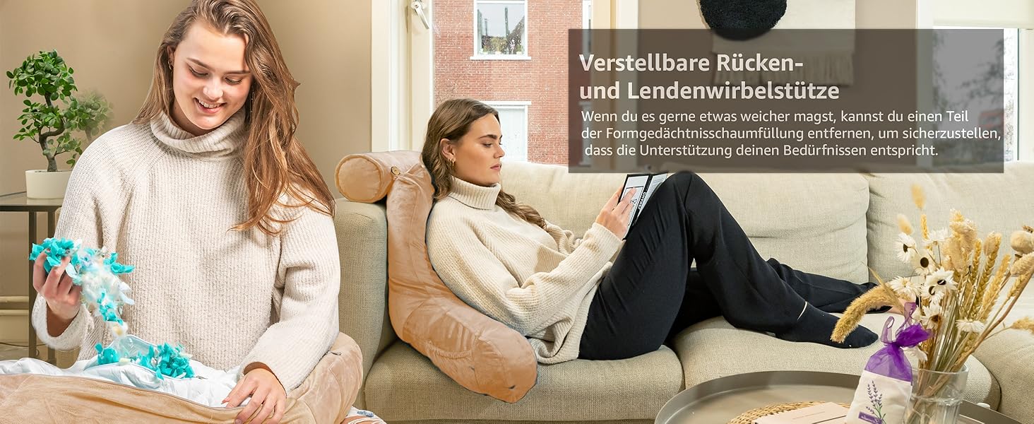 Подушка для читання Ella Lesekissen для ліжка та дивану з знімною подушкою для шиї - спинна подушка для ліжка. Подушка для читання з піною з пам'яті з підлокітниками, ідеально підходить для читання, перегляду телевізора, відпочинку або як спинна підтримка (колір: коричневий)