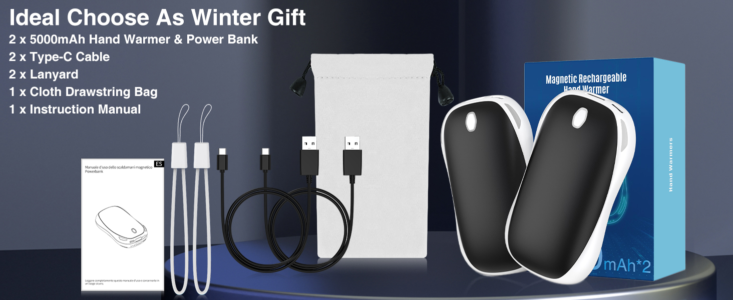 Електричний ручний гріє 5000mAh, 2 шт. - багаторазовий кишеньковий гріє для активного відпочинку, зимовий подарунок для дітей, жінок та чоловіків (чорний)