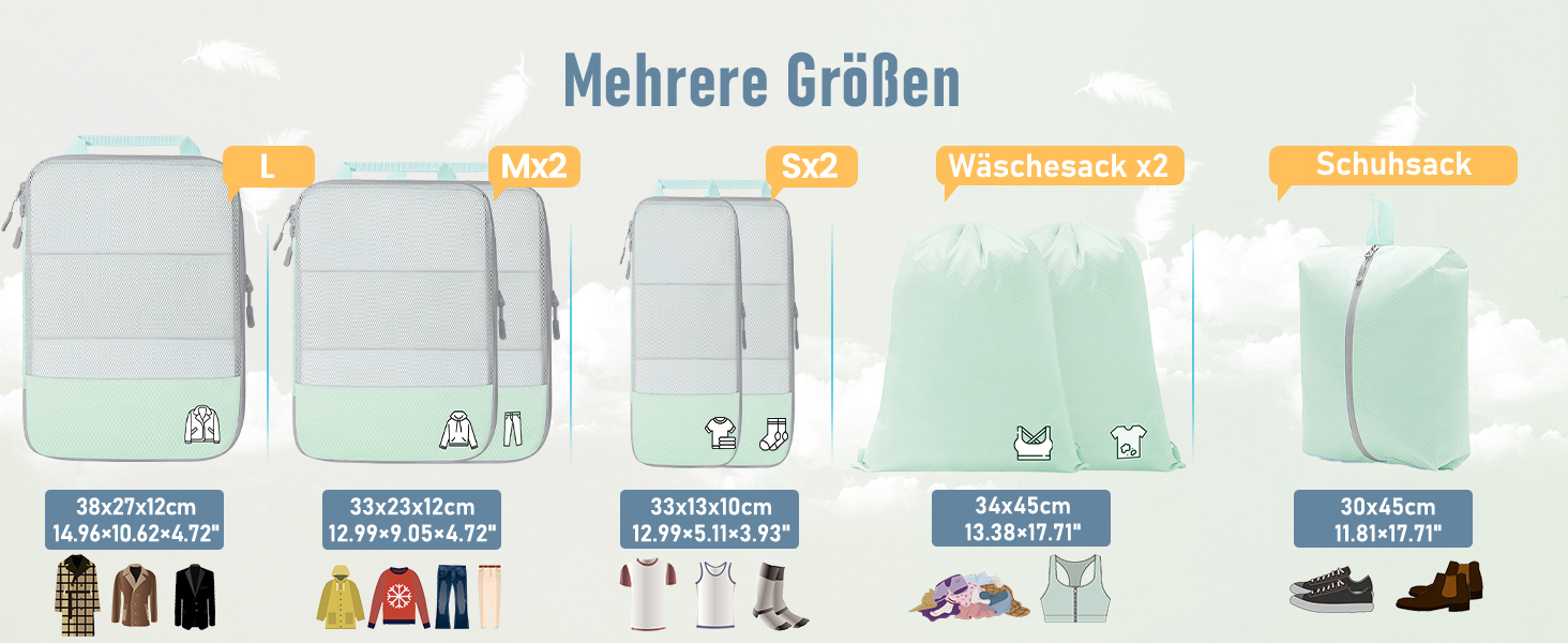 Набір компресійних органайзерів для подорожей Packing Cubes, 8 шт, для валізи та рюкзака, м'ятно-зелений