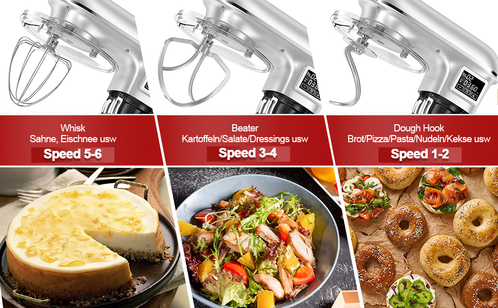 Кухонна машина 1500W 8L з 6 швидкостями, функцією ферментації та LCD-дисплеєм. Комплектується міксером, гаком для тіста та вінчиком (срібна)