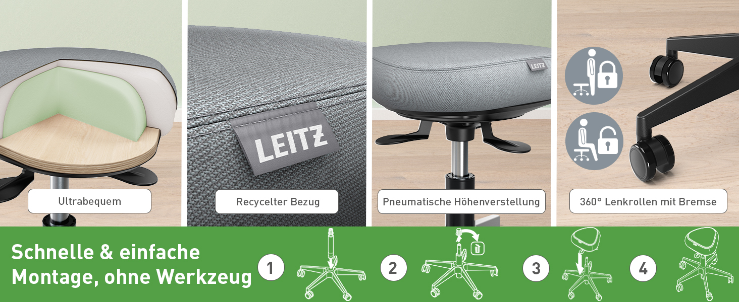 Leitz Ergo Active Столик для стояння з пінопластовим сидінням, регульована висота 57-82 см, оббивка з переробленого матеріалу, до 110 кг, серія Ergo, темно-сірий, 65450089