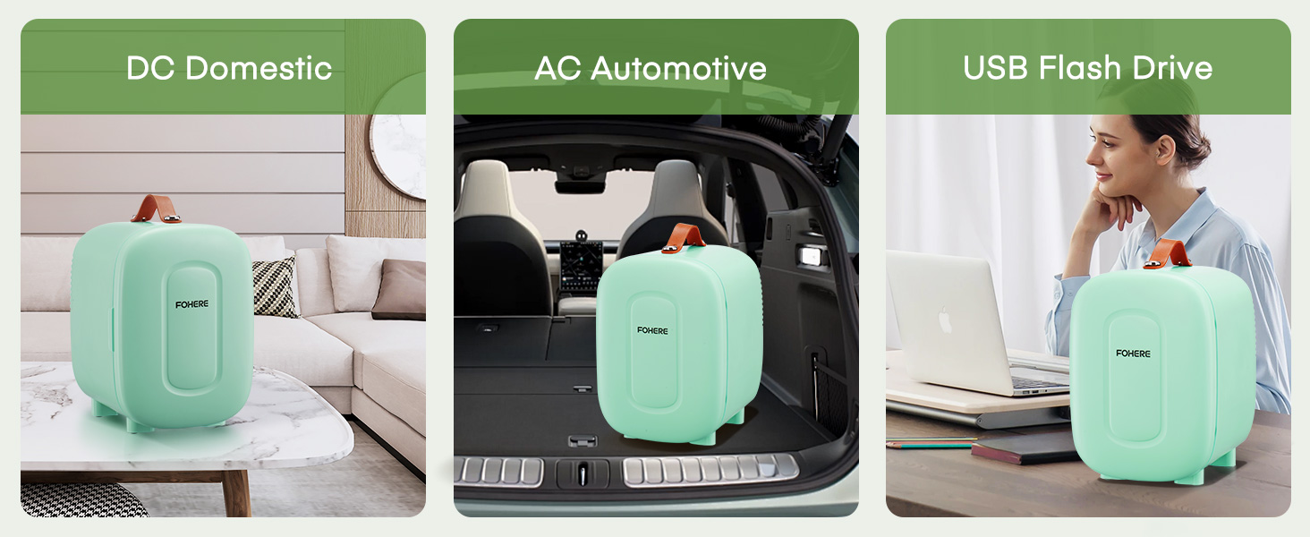 Міні холодильник FOHERE 5 літрів / 6 банок, USB живлення, 220V AC/12V DC, для напоїв та догляду за шкірою, білий (зелений)