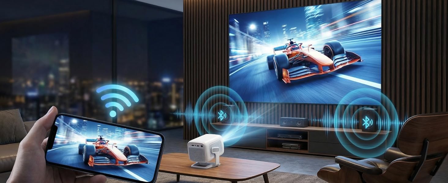 Smart-проектор Beamer 4K Full HD 1080P для домашнього кінотеатру, 700 ANSI люмен, Netflix, Dolby Audio, автофокус та автоматична корекція трапеції, короткофокусний, білий