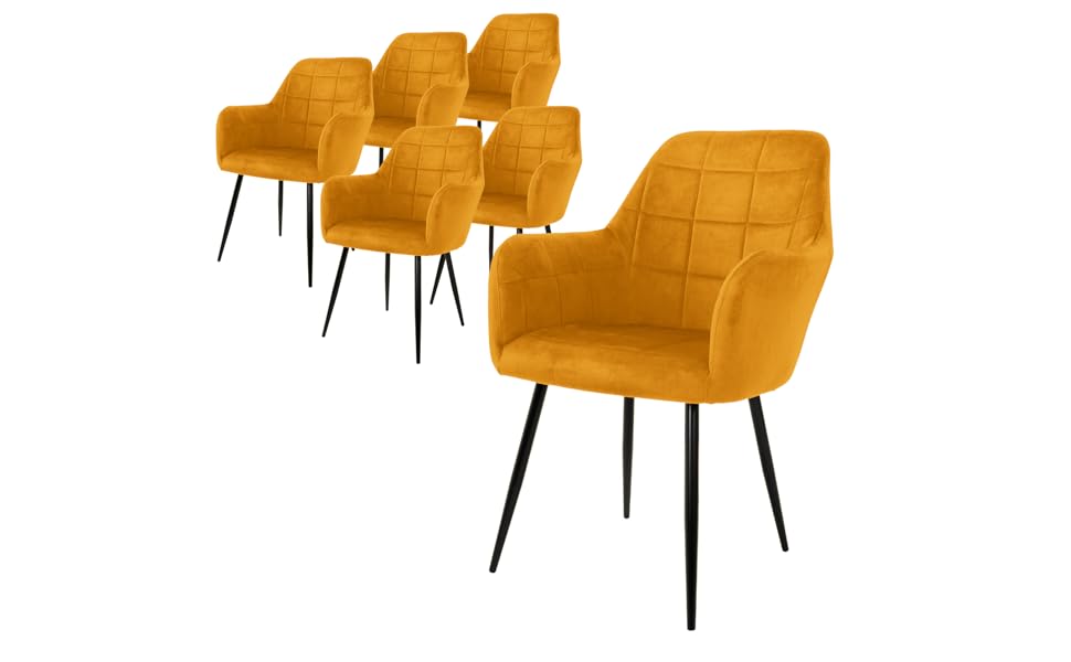 ECD Germany Комплект обідніх крісел (6 шт) з підлокітниками та спинкою, м'яке оксамитове покриття, металеві ніжки, ергономічні крісла для їдальні та вітальні, колір охра