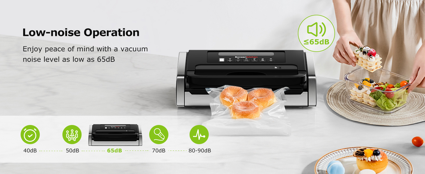 Вакууматор Bonsenkitchen для продуктів, потужний вакуумний пакувальник 15л/хв, з інтегрованим різаком та ручкою-фіксатором, чорний (комплект з 100 пакетами)