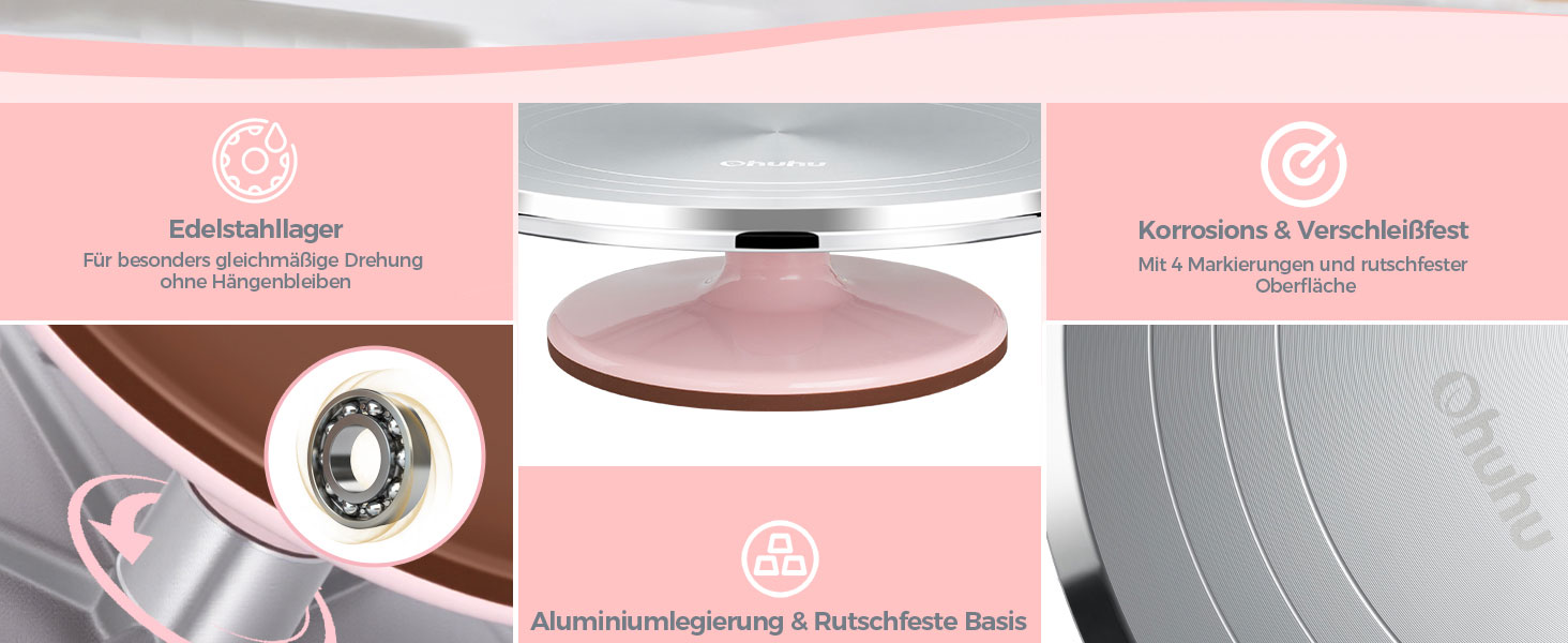 Ohuhu Поворотна платформа для тортів, 30 см, алюмінієвий сплав, 2 шпателі та 3 скребки, для декорування тортів та випічки, подарунок для кондитерів (Рожевий)