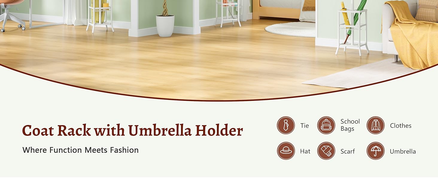 Настінна вішалка для одягу FAVOOSTY з підставкою для парасольки, 12 гачків, стійка для пальто, вішалка для одягу в вітальню, спальню, срібна (білий)