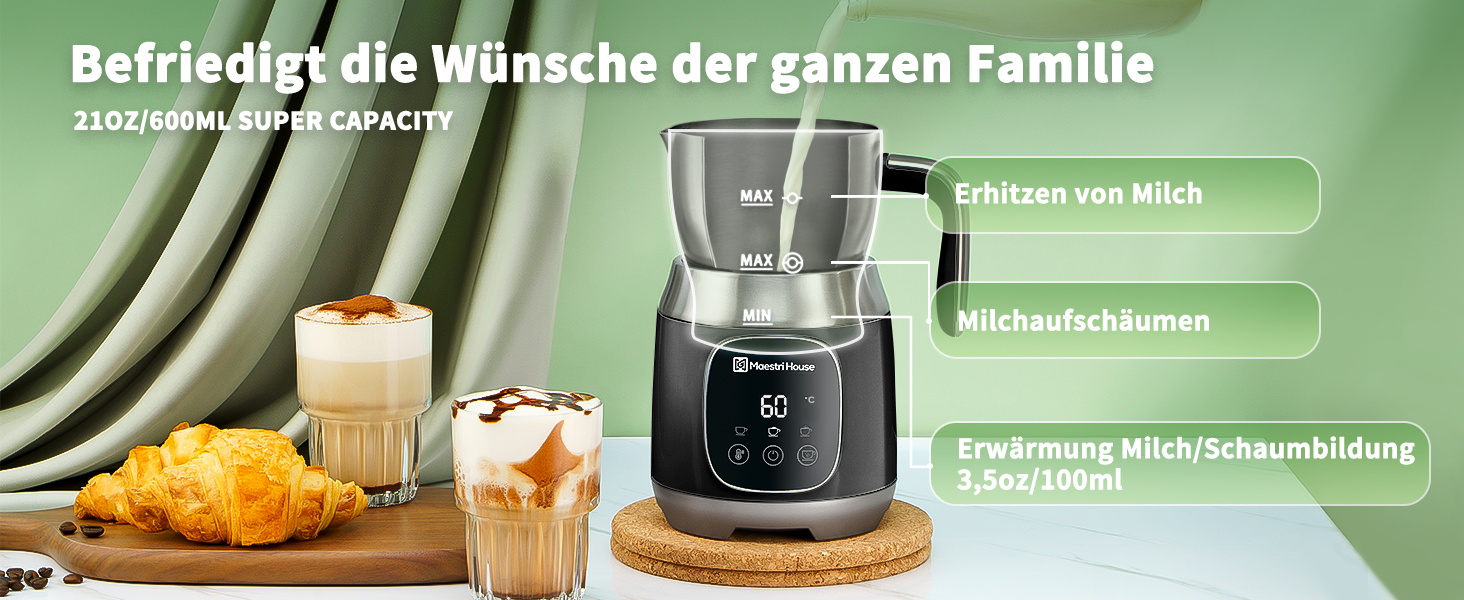 Електричний спінювач молока Maestri House 600 мл, 12-в-1, з регулюванням температури та функцією пам'яті, з нержавіючої сталі, чорний