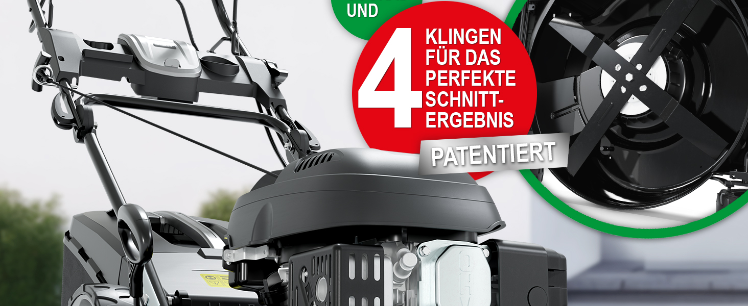 Бензиновий газонокосарка 5-в-1 з потужним двигуном 4.9 PS, 4-тактний, об'єм 173 см³, ширина косіння 46 см, 60л травозбірник, Radantrieb, комплект для мульчування та бічний викид