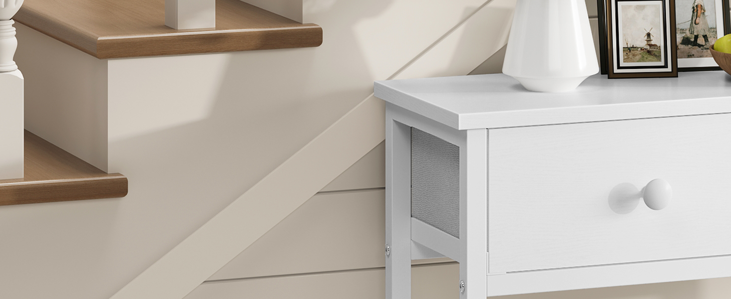 HOOBRO Консольний столик, вузький бічний столик з 2 висувними ящиками з тканини, 75 см, столик для передпокою, журнальний столик для дивану в індустріальному стилі, для передпокою, вітальні, коридору, білий EWW71XG01