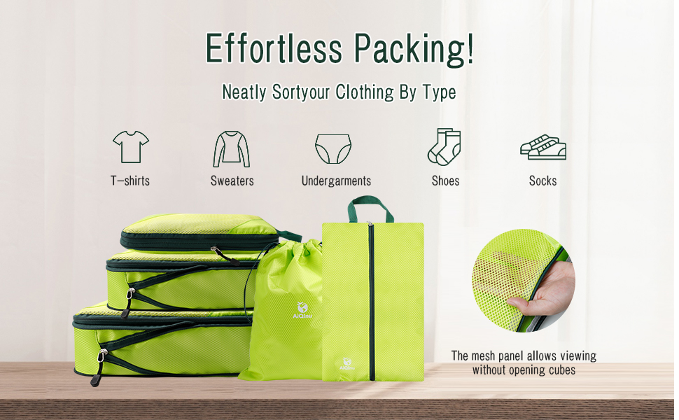 Набір компресійних органайзерів для одягу в дорогу AiQInu, 5 шт. — ультралегкі сумки-пакувальники для валізи з мішком для взуття та білизни, розширювані, зелені