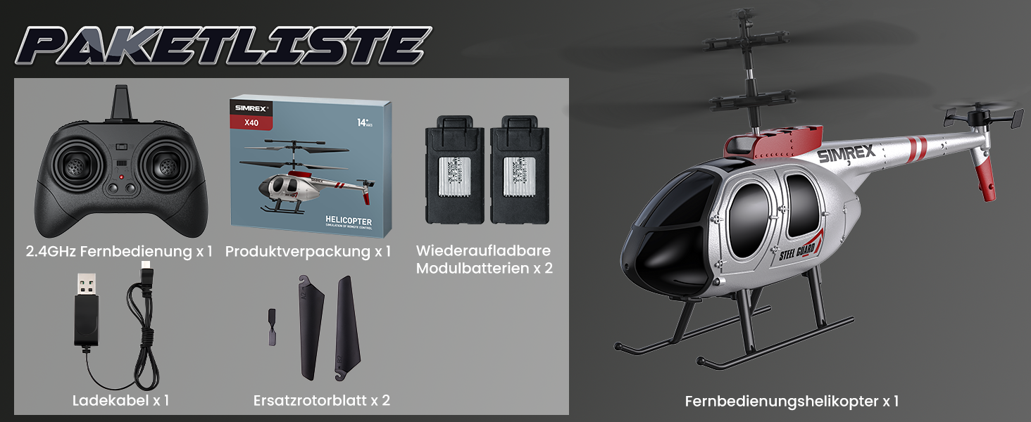 SIMREX Радіокерований гелікоптер 2.4 GHz, 2 режими швидкості, 20 хв польоту, для хлопчиків та дівчаток, іграшка для дітей