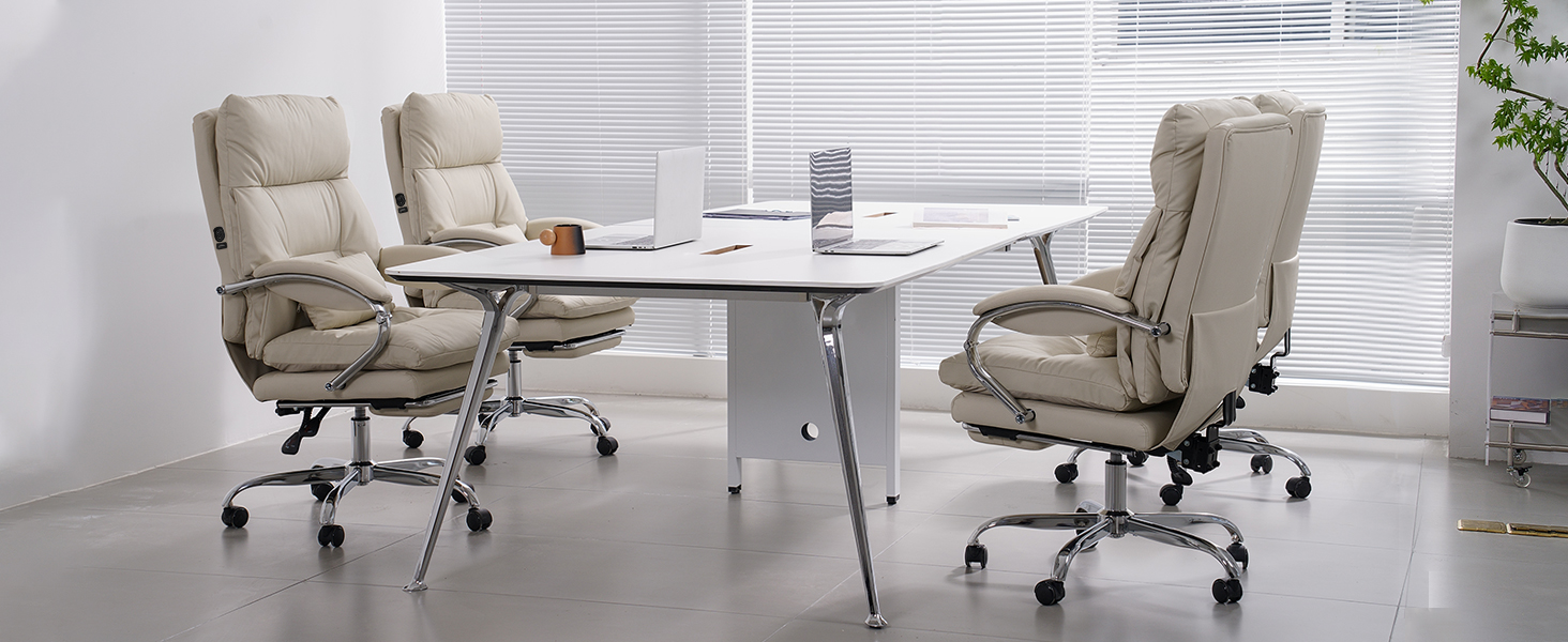 Крісло офісне EMIAH з підніжкою, комфортне крісло для роботи з підлокітниками, ергономічний крісло для начальника з PU шкіри та роликами, ігрове крісло з потовщеною подушкою, без функції масажу (Бежевий)