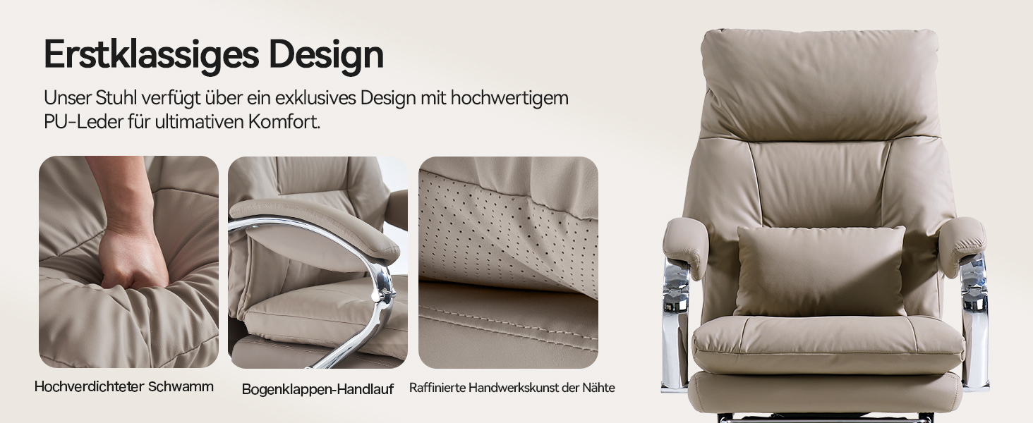 Офісний крісло EMIAH з підніжкою: ергономічний крісло для офісу та дому, з PU шкіри, підніжкою, підлокітниками та колесами. Підходить для роботи за комп'ютером та ігор. Колір: хакі. Без функції масажу.