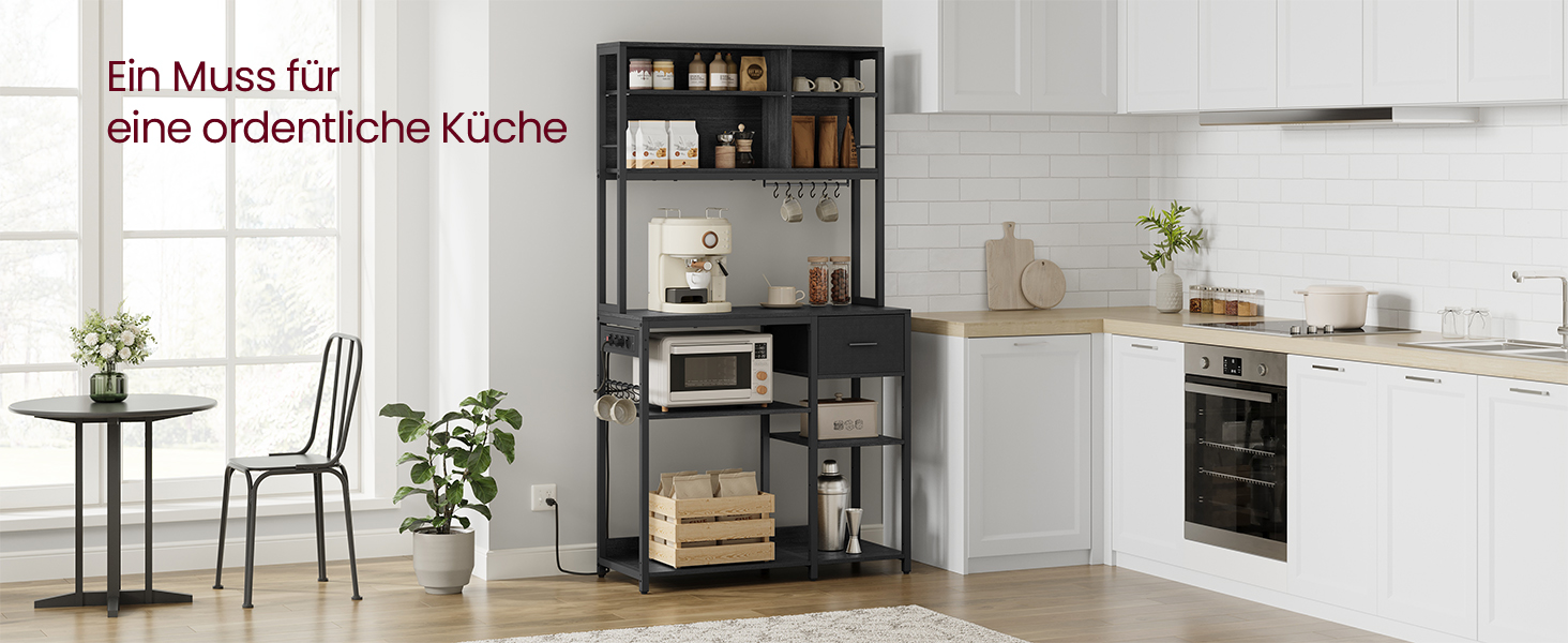 Стелаж кухонний VASAGLE з розетками, 40 x 100 x 180,4 см, з регульованими полицями, ящик з тканини, 12 гачків, антрацит-чорний, KKS027B02