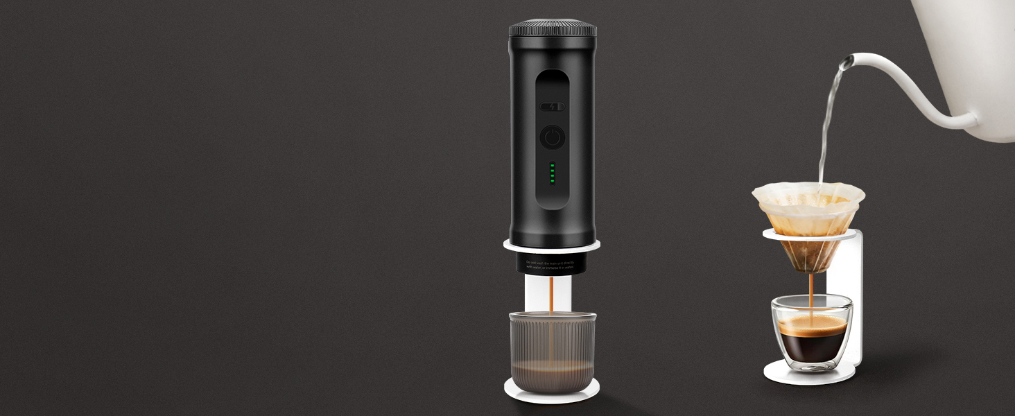 Портативна кавомашина ICARE з акумулятором, 2-в-1 для капсул NS та меленої кави, самонагріваюча, USB-C, індикатор заряду, для кемпінгу, подорожей та в дорогу (Чорний)