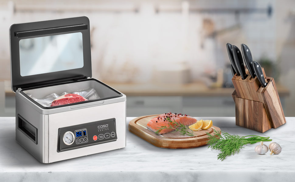 Вакуумний пакувальник CASO VacuChef 50 - 4л, 70 л/хв, подвійний шов, 30 пакетів, ущільнювач, шланг