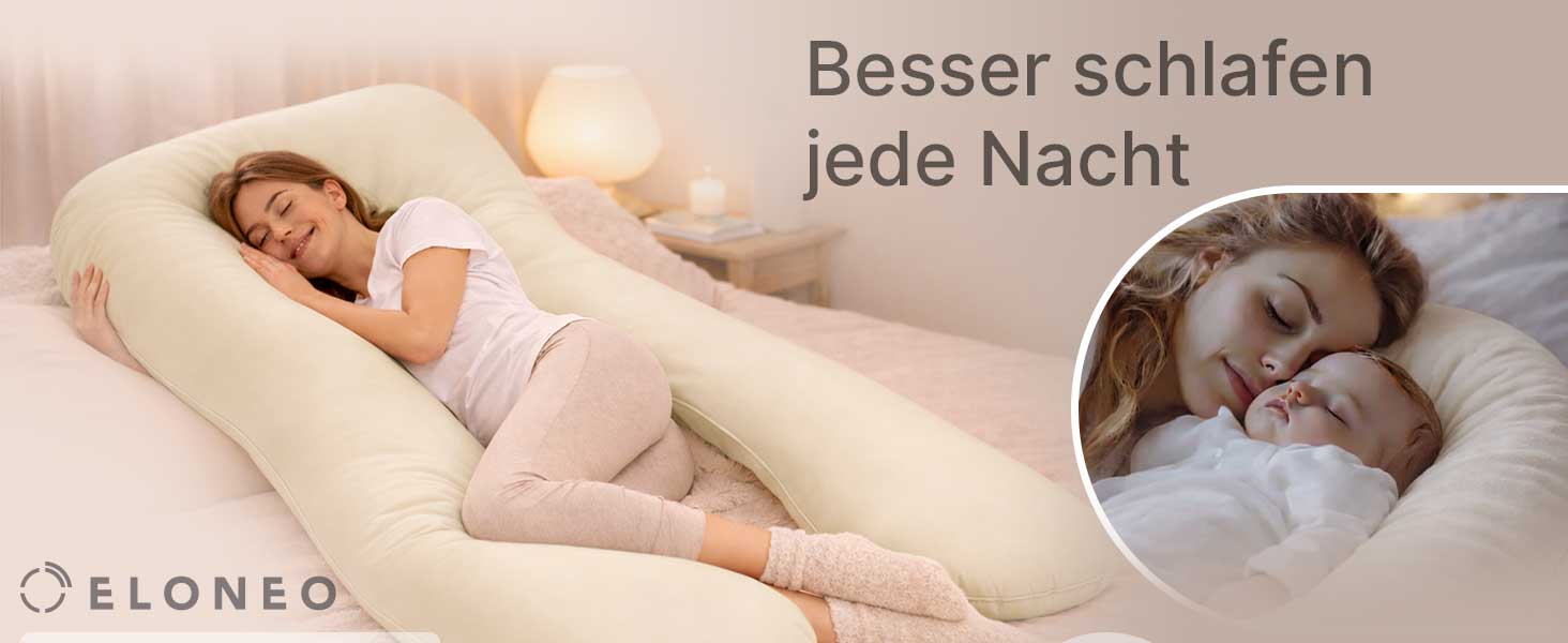 Подушка для вагітних ELONEO NEU для сну на боці, подушка для годування, XXL розмір, кремова, знімний чохол, подушка для читання, пральна