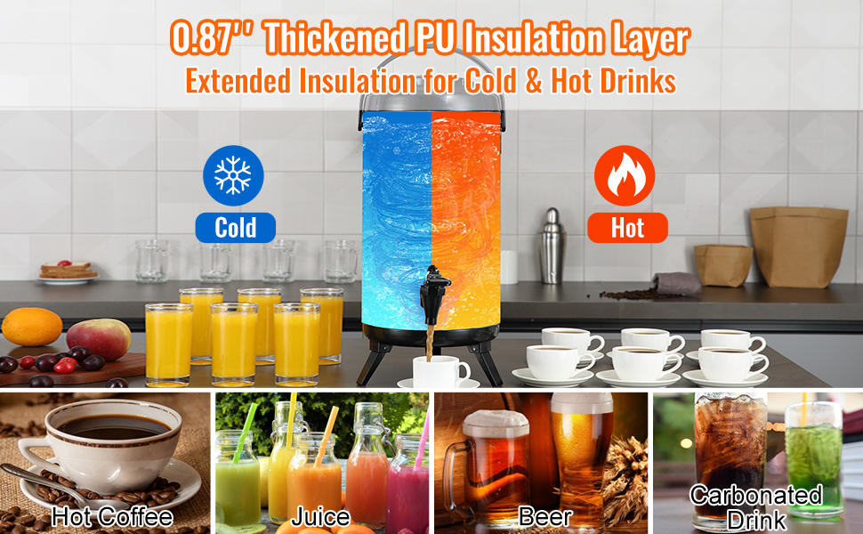 Диспенсер для гарячих та холодних напоїв VEVOR, 17.2 л, з нержавіючої сталі. Диспенсер для води, кави, молока, соку. Ізотермічна кана 9.2 л