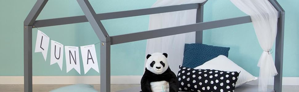 Дитяче ліжко Montessori Homestyle4u 90x200 см, сірий колір, з ламелями, з дерева (сосна)