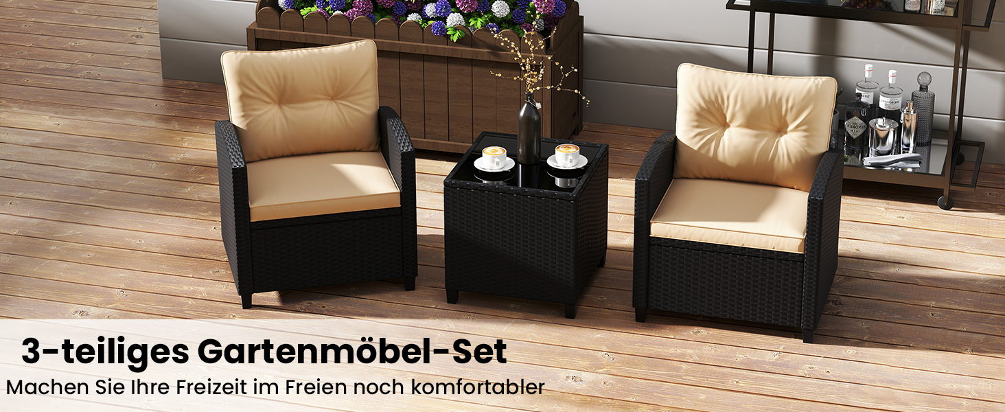 Садовий набір меблів GIANTEX з ротангу для балкона та тераси: 2 крісла та стіл, коричневий ротанг + коричневі подушки