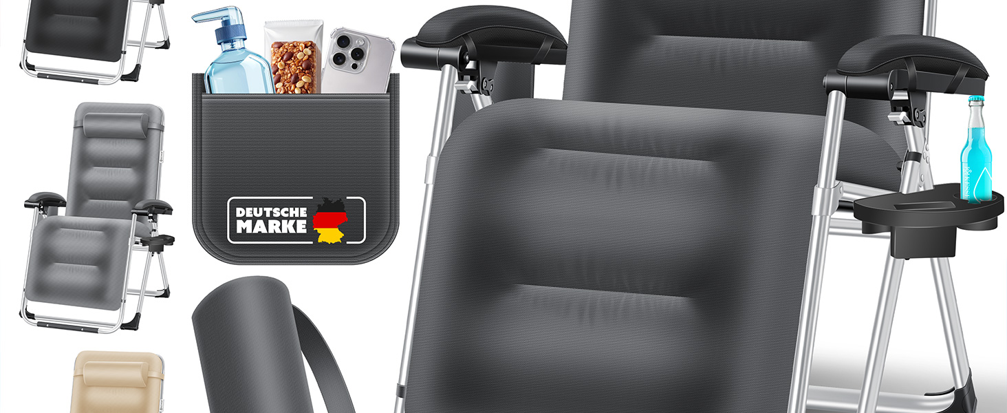 Шезлонг KESSER® для саду, широке лежаче місце, стійкий до погодних умов, витримує до 200 кг, ергономічна спинка з регулюванням, подушка, підголівник, тримач для напоїв, підлокітники та бічна кишеня, антрацит