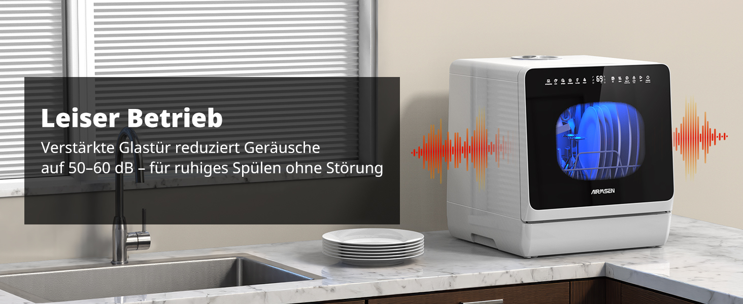 Mini посудомийна машина AIRMSEN з 8+3 програмами, 5л, система пом'якшення води, таймер, дитячий замок, білий/чорний