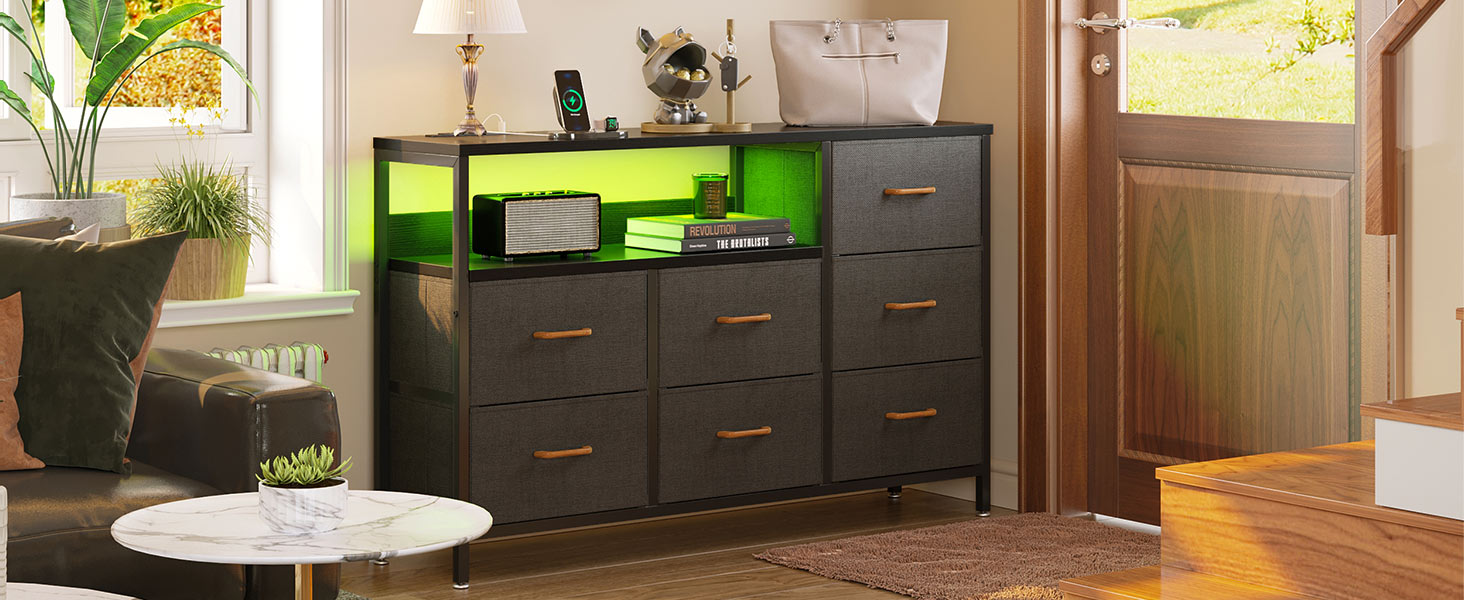 Комод Coleshome з висувними ящиками, світлодіодною підсвіткою, 2 USB та 2 розетки AC, 7 тканинних ящики, для спальні/вітальні, 132*30*89 см, чорний