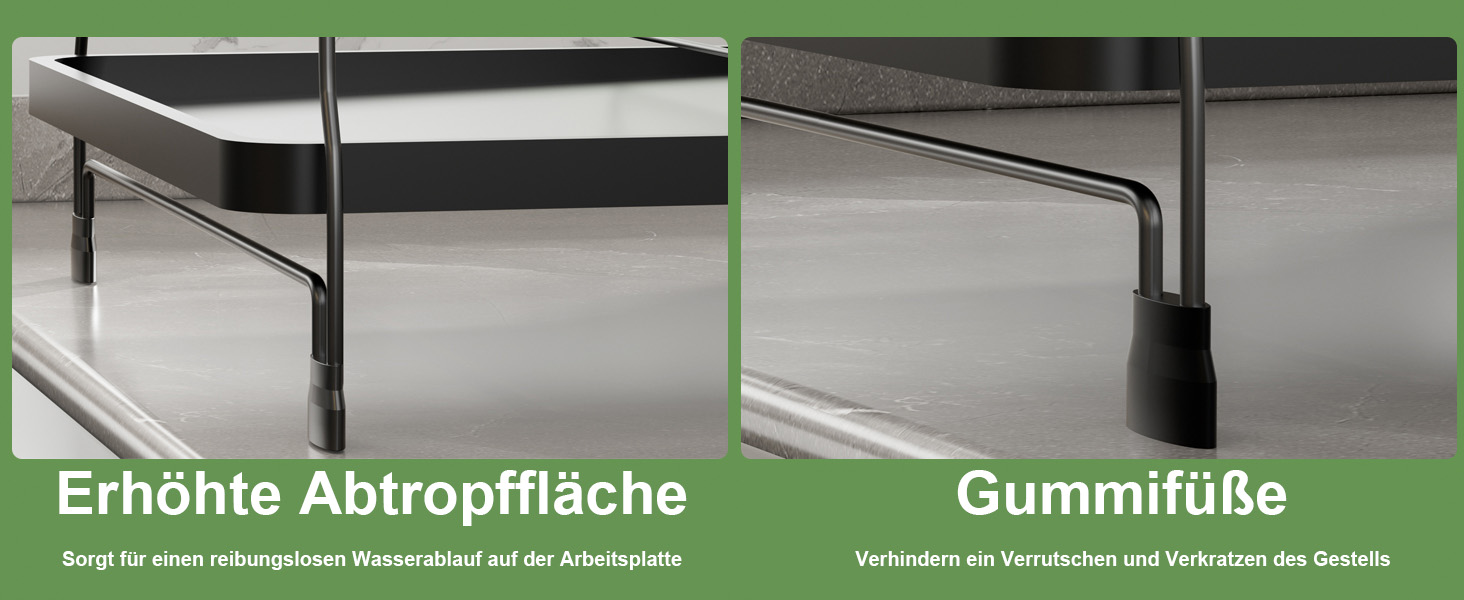 Сушарка для посуду ROTTOGOON розширювана, чорна: складана стійка з нержавіючої сталі, зливний жолоб та відділення для столових приборів