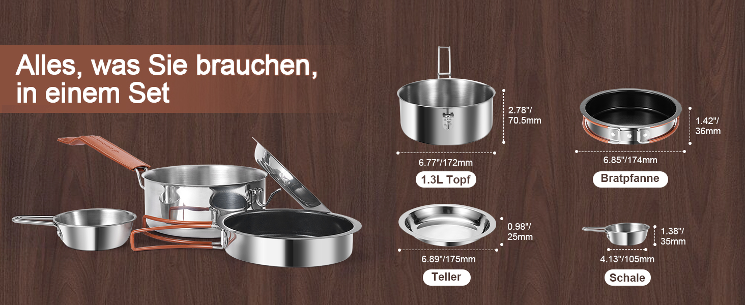 Набір посуду для кемпінгу Odoland: каструля, сковорода, тарілки, миски, столові прибори (10 шт.) з антипригарним покриттям та шкіряним чохлом