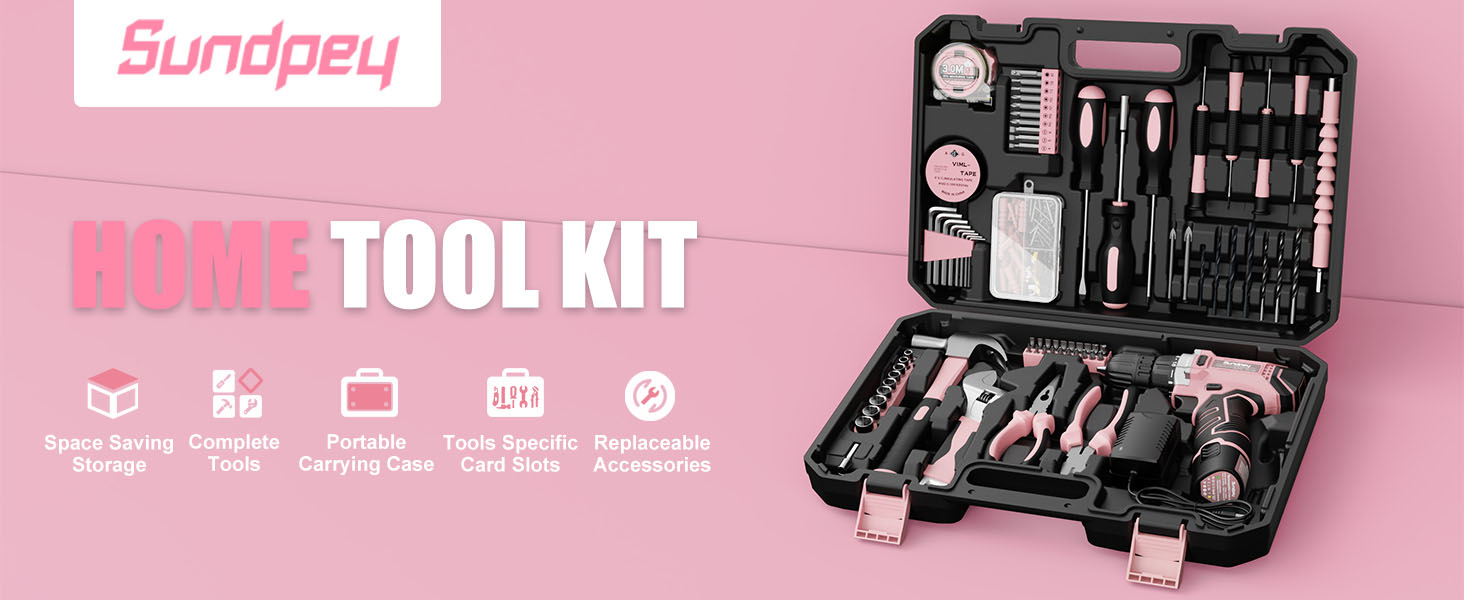 Набір інструментів Sundpey 206 предметів з акумуляторною викруткою 12V, рожевий – для дому та ремонту