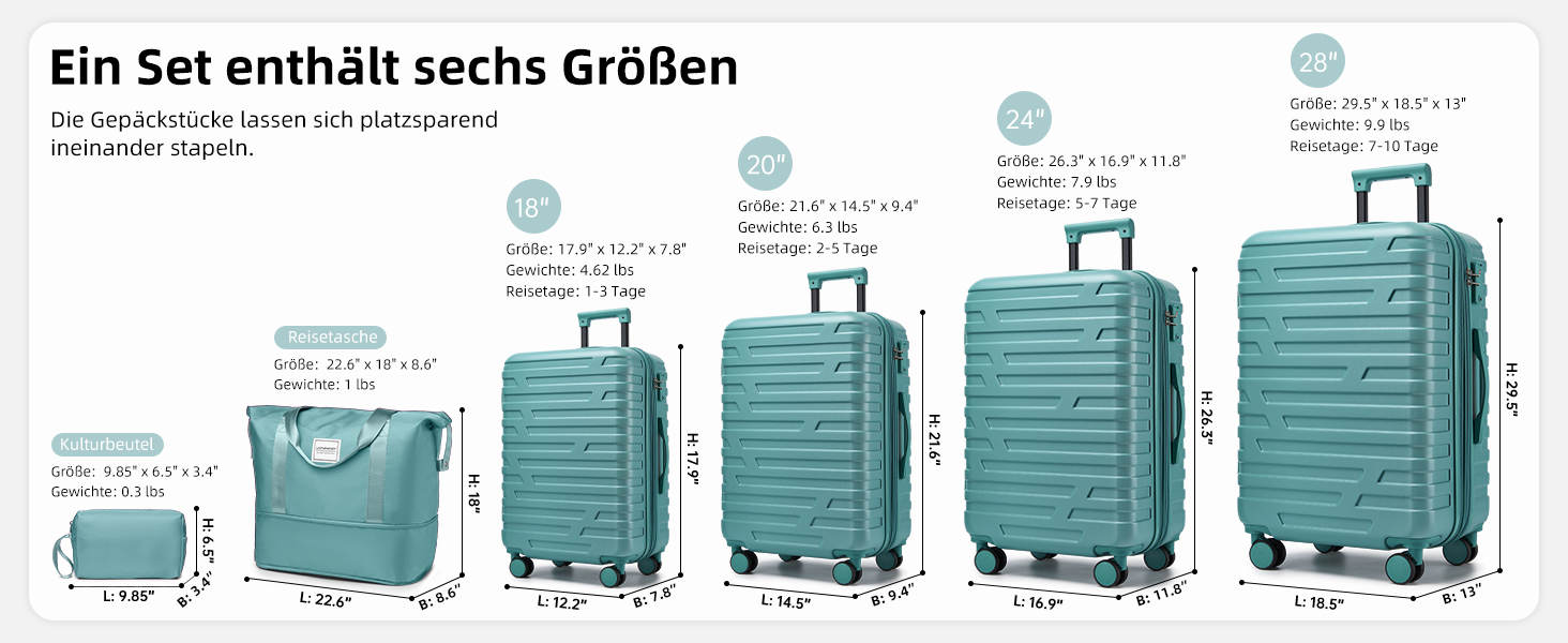 Набір валіз LARVENDER 6 шт. з твердим корпусом, легкий ABS, розширюваний, з TSA-замком, ручна поклажа, з сумкою та косметичкою, білий/коричневий