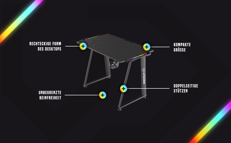 Ігровий стіл 100x60 см сталева рама, чорний світлодіодне RGB-підсвічування, 2 LED