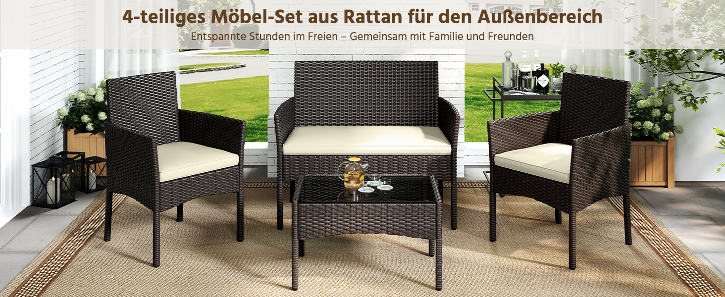 Набір садових меблів Yaheetech на 4 особи: диван, 2 крісла, стіл, подушки. Набір меблів для балкона, тераси, саду. Чорний та сірий (коричневий та бежевий).