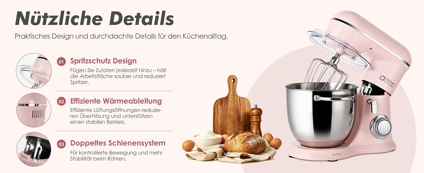 Кухонна машина Kitchen in the box Kompakte — планетарний міксер та тістоміс 3.5L/5L, 10 швидкостей, з вінчиком, гаком та міксером (Рожевий)