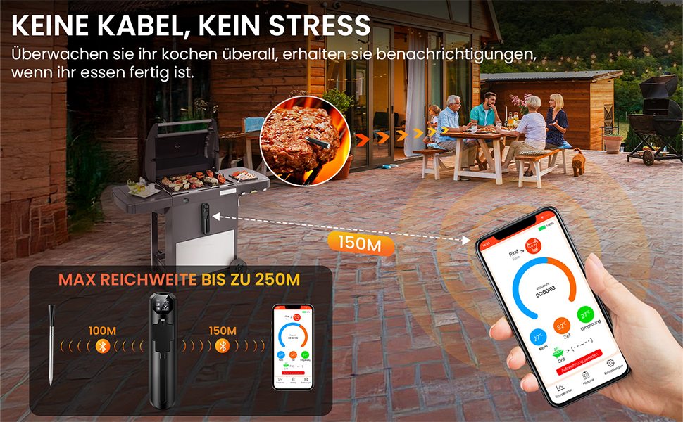 Бездротовий термометр для м'яса Maxtachі з Bluetooth, IP67, 150м, для гриля, BBQ, духовки, коптильні, ротисерії, чорний