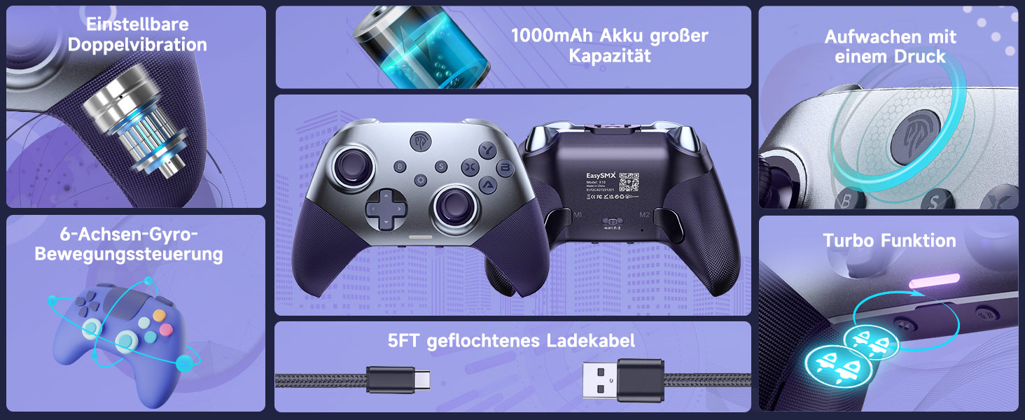 Контролер EasySMX X10 для ПК з датчиками Hall, Bluetooth, механічні кнопки, без дрифту, сумісний з PC/Switch/Steam (Сірий/Фіолетовий)