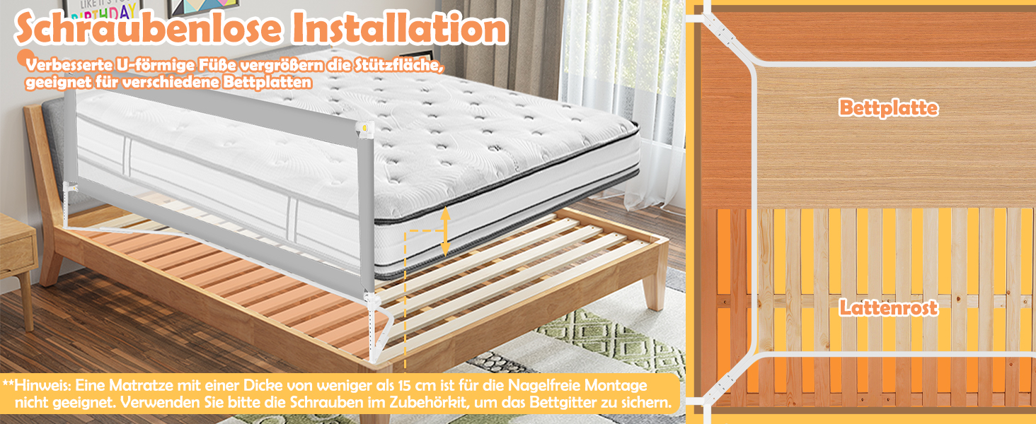 Бортики для ліжка дитячі Ikodm 2x200 см + 1x180 см, регульовані по висоті (64-96 см), сірі, з U-подібними ніжками, захист від випадання