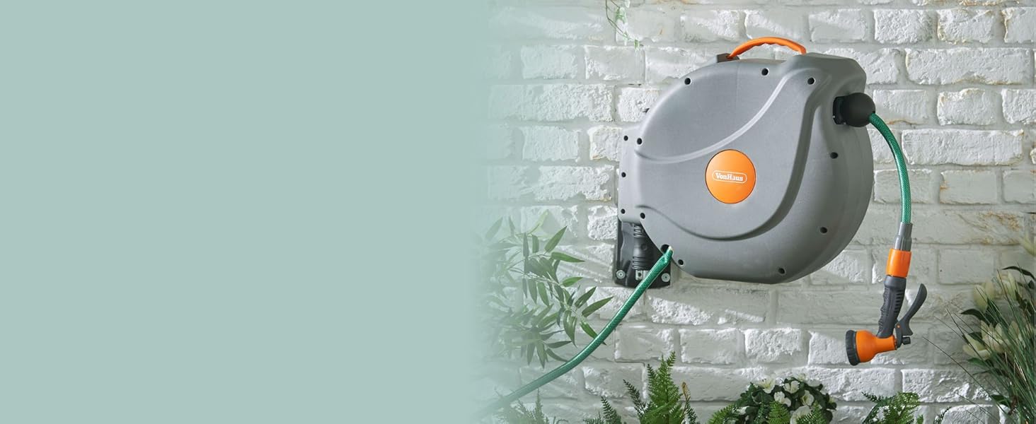 Шланговий барабан VonHaus 30м з автозмотуванням, поворотний на 180°, 8 функцій, пістолет для поливу