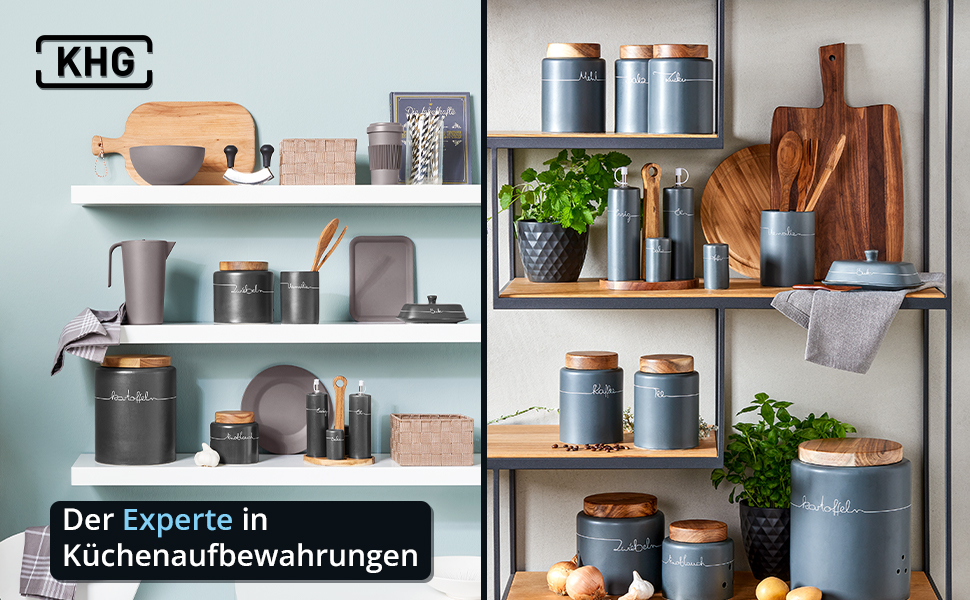 Контейнер для зберігання KHG, кераміка, сірий антрацит з дерев'яним кришкою, 4 кг, круглий, з маркуванням, набір, висота 28 см