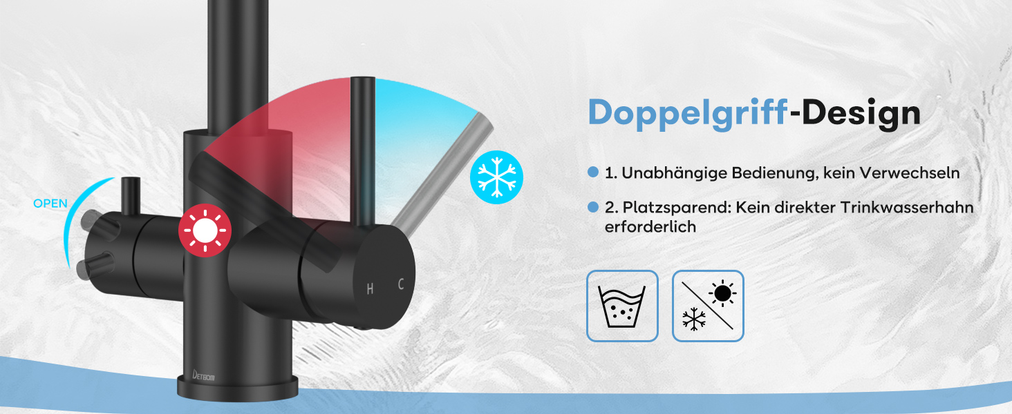 Змішувач кухонний 3-х режимний чорний матовий DETBOM з фільтром для води, поворотний на 360°, подвійний важіль, нержавіюча сталь