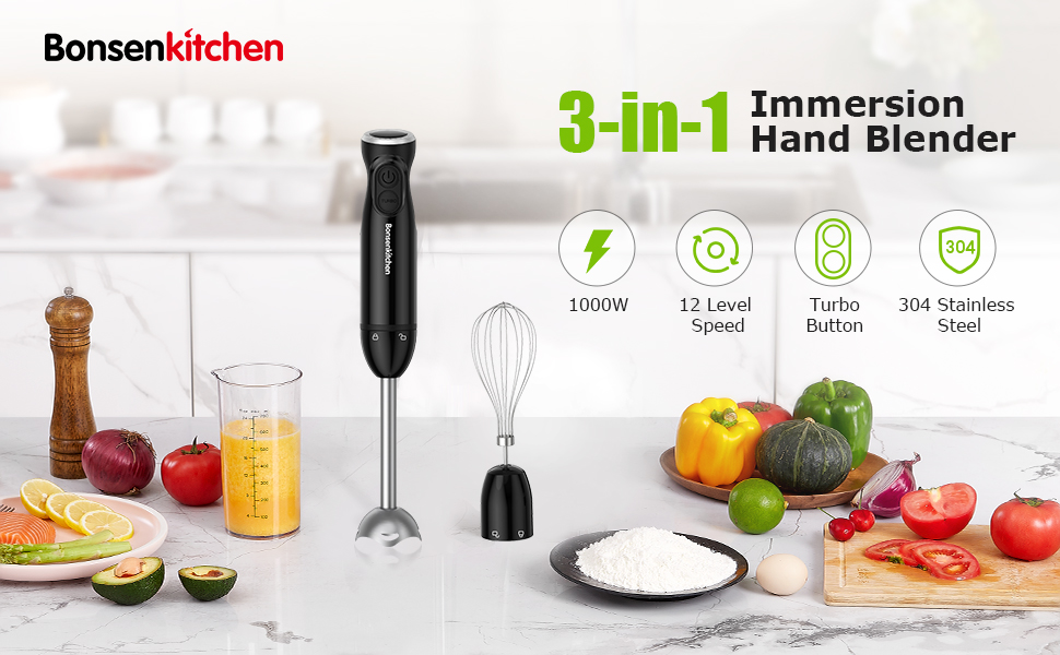 Блендер Bonsenkitchen HB3201, 1000 Вт, занурювальний, нерж. сталь, регульована швидкість, чорний