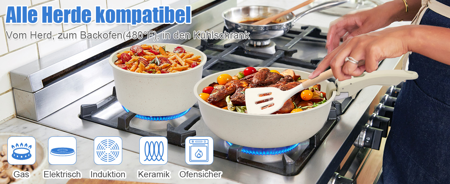 Набір посуду GFTIME 17-ти частинний з антипригарним покриттям Ceramic, для всіх плит (індукція), зі знімними ручками, 20/26 см скляні кришки, без PFOA/PTFE/PFAS