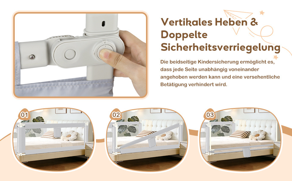 Захисний бортик для ліжка дитячий Ikodm 2x200 см + 1x180 см, регульована висота 64-96 см, сірий