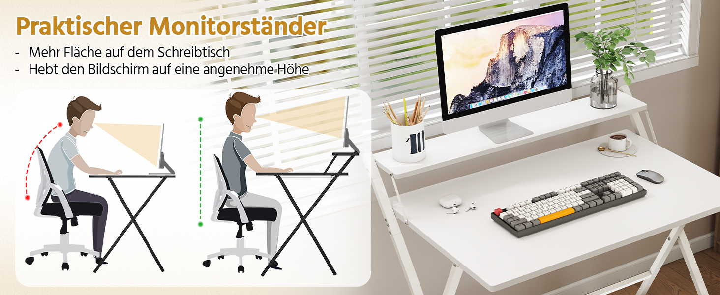 Зламуваний стіл Yaheetech 80 см, комп'ютерний стіл з полицею, двоступеневий робочий стіл з підставкою для монітора, стіл для ноутбука для домашнього офісу/маленьких кімнат/вітальні, білий, 80 см x 50 см, білий, 106.5x60.5x90 см