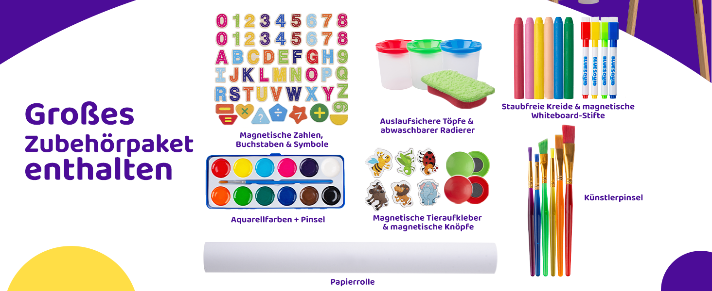 Дитяча мольберт Blue Squid Kinder Staffelei: регульована висота, двосторонній, з крейдяною та магнітною дошкою, рулоном паперу, 100+ аксесуарів, для дітей 3-12 років, преміум-якість 2025