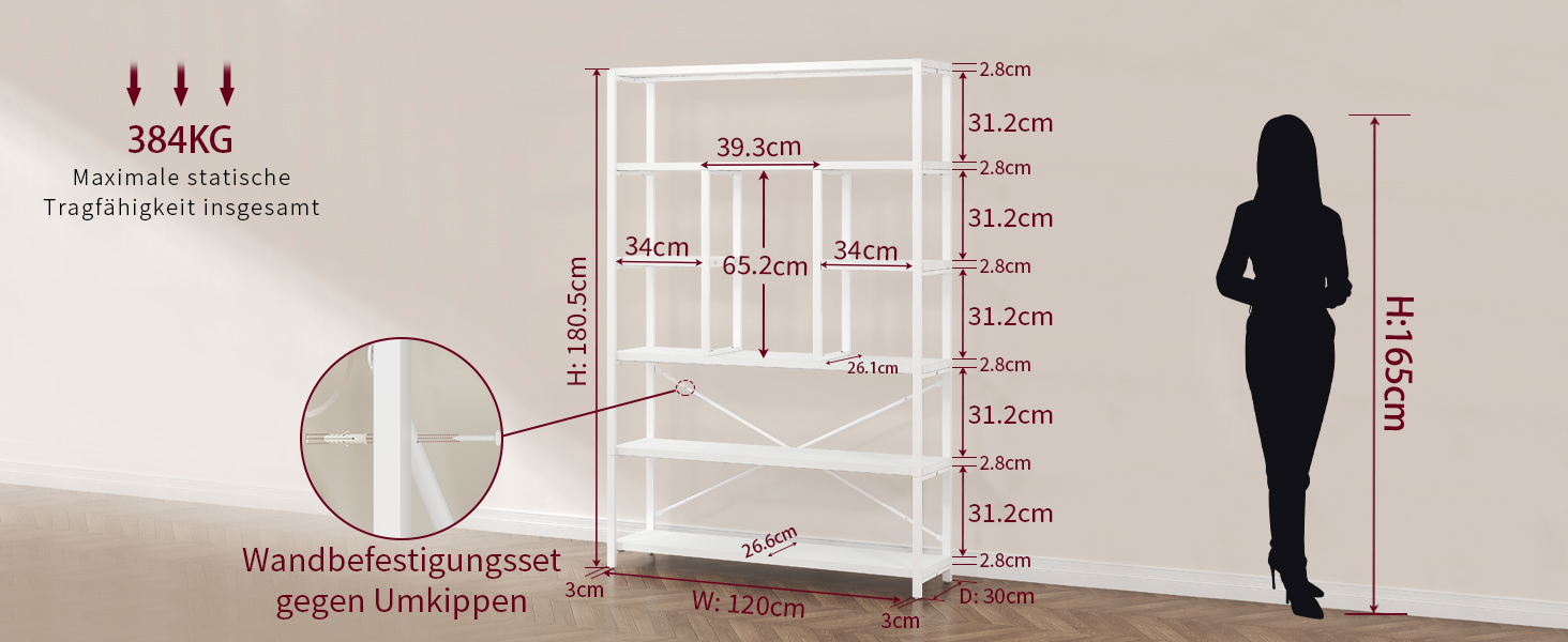 Стильна полиця-стелаж LVB з 6 полицями для вітальні, спальні, офісу. Дерево та метал, білий колір, 30 x 120 x 180 см