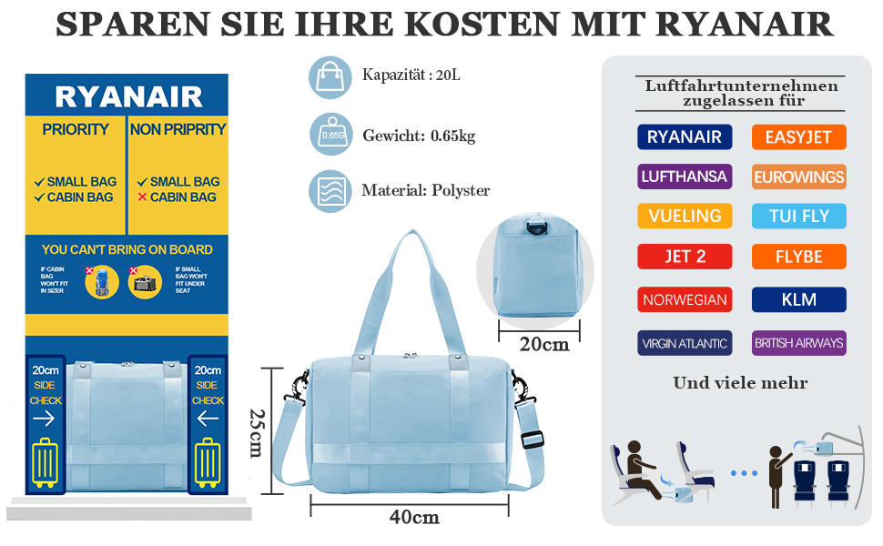 Об'єм ручної поклажі 40x20x25 см максимальний для Ryanair розмір на борту 20 л нова дорожня сумка бортова сумка для літака сумка для ручної поклажі для Wizz Air Підводна льотна сумка з плечовим ременем маленька спортивна сумка (кольору хакі)