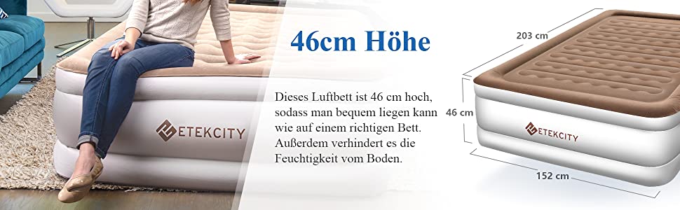 Надувне ліжко Etekcity EAM-ET2/EAM-DQE1: односпальне, для кемпінгу, 203x152x46 см, біле/коричневе